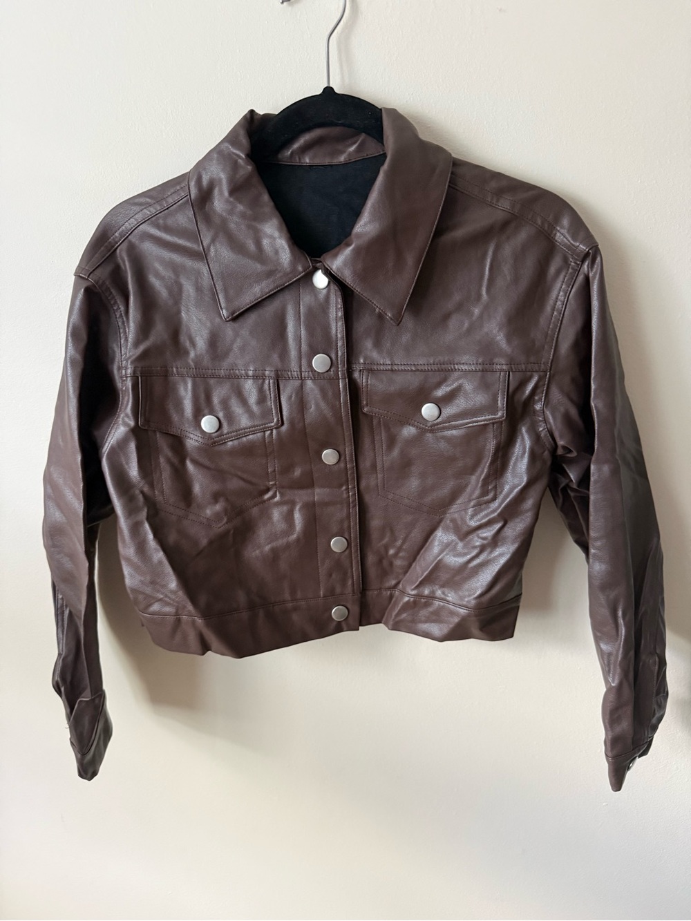 Chocolate Brown Faux Leather Cropped Trucker Jacket S - Picture 2 of 5